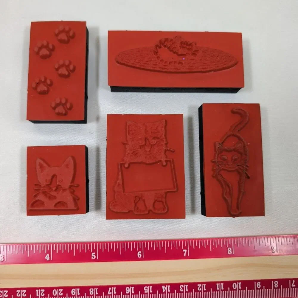 Lot #8 Cat Rubber Stamps Acrylic Mounted Feline Paw Prints Kitten Craft Set